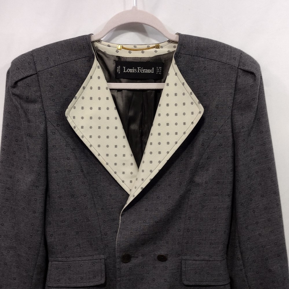 Louise Feraud Wool Silk Blazer Women's 8 Gray Cream Office Career Business Retro - Picture 2 of 10